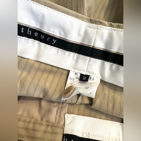 THEORY Spencer Dress Pants Trousers Odyssey Fabric Tan Khaki Beige Striped Flare - Picture 9 of 12